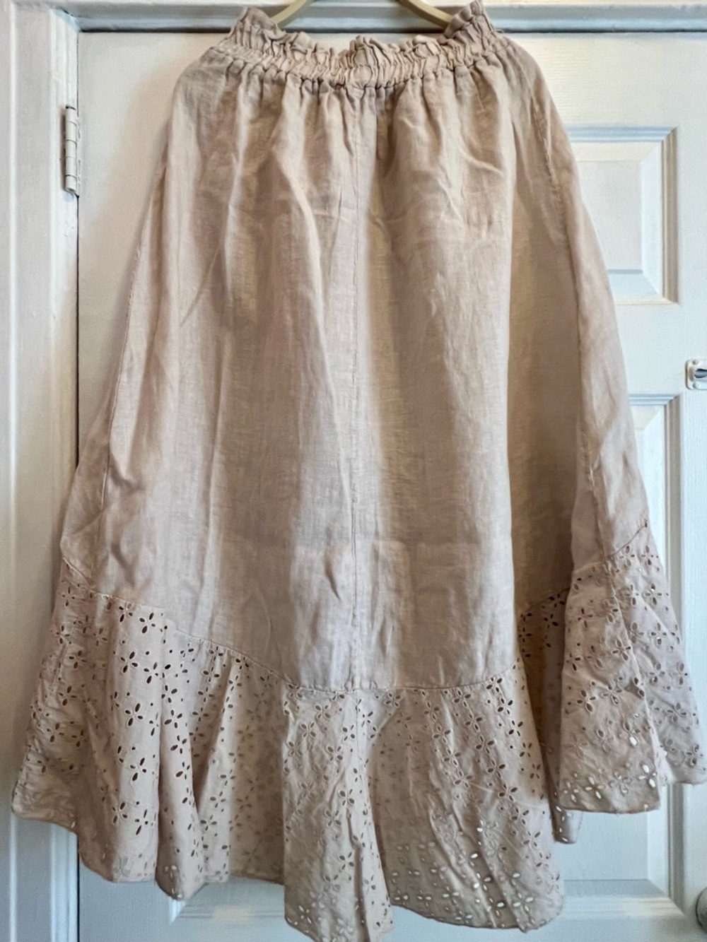 Linen Eyelet Ruffle Midi Skirt in Light Beige - Picture 3 of 7